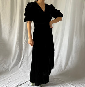 1930s bias black silk velvet evening dress