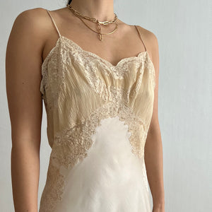 Vintage 1930s silk eggshell slip dress lace and plissé