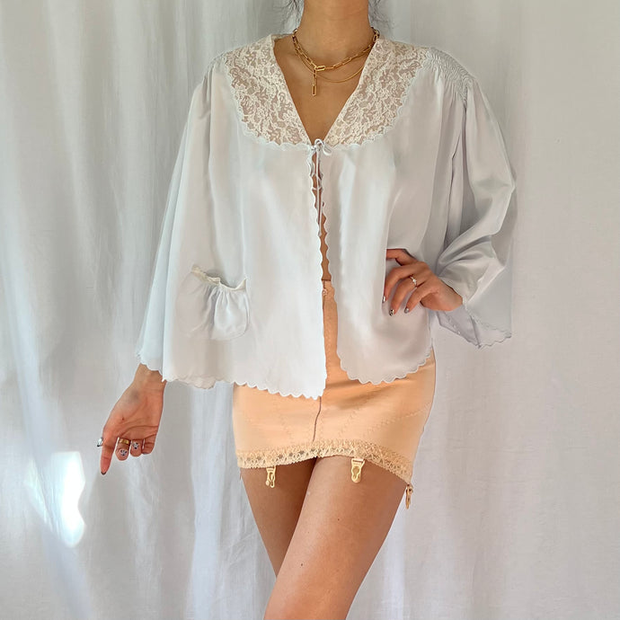 1930s silky lace bed jacket powder blue