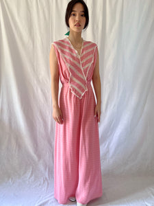 Vintage 1930s silk dress pink polka dot and lace
