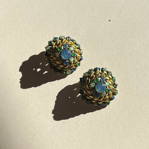 Vintage 70s clip on glass green blue earrings