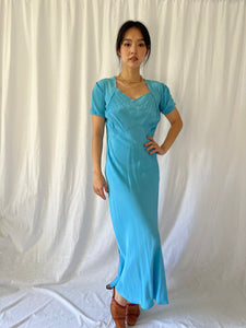 Vintage 30s silk dress azure blue dyed