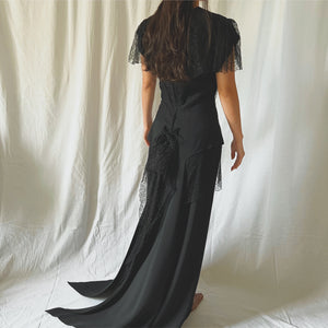 1940s Milgrim black crêpe & lace evening gown