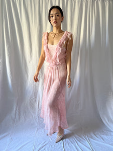 1930s silk chiffon blush floral ruffled dress