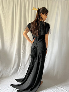 1940s Milgrim black crêpe & lace evening gown