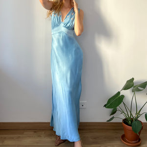 Vintage 1930s deep blue rayon satin evening maxi dress