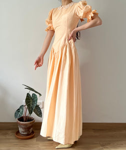 Vintage late 40s moiré peach maxi dress puffed sleeves