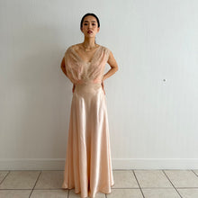 Load image into Gallery viewer, Vintage 1930s silk chiffon satin lace peach dress