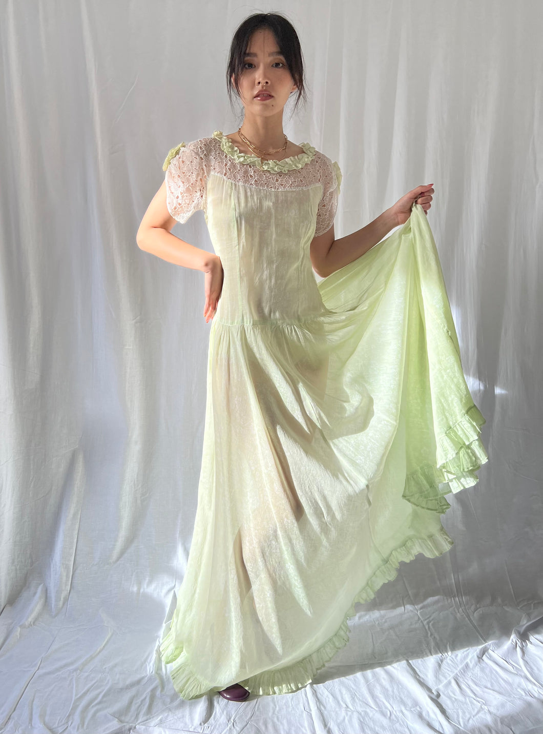 Vintage 1940s sheer apple green dress Kanelle Vintage