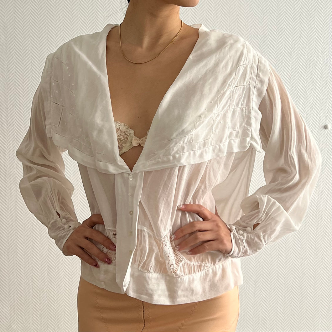 Antique Edwardian cotton voile white lace blouse