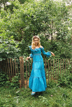 Load image into Gallery viewer, Vintage 70s blue Mexican dress pintuck lace
