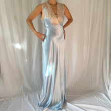 Load image into Gallery viewer, 1930s liquid satin ocean blue lace dress