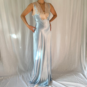 1930s liquid satin ocean blue lace dress