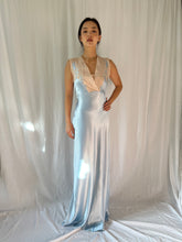 Load image into Gallery viewer, 1930s liquid satin ocean blue lace dress