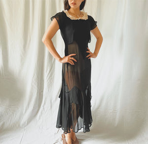 1930s black silk chiffon handmade dress