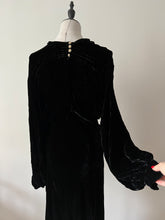 Load image into Gallery viewer, Vintage 1930s silk velvet black dress long sleeves art deco