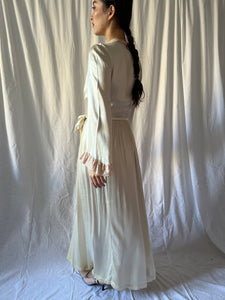 1930s cream silk satin robe with antique lace
