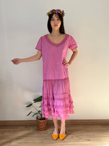 Antique 1920s soft cotton and lace hand dyed orchid dress