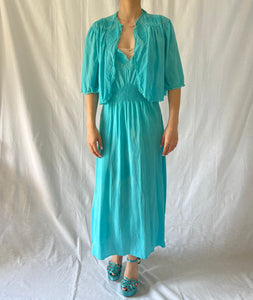 Vintage 1930s silk dress and bed jacket hand dyed turquoise