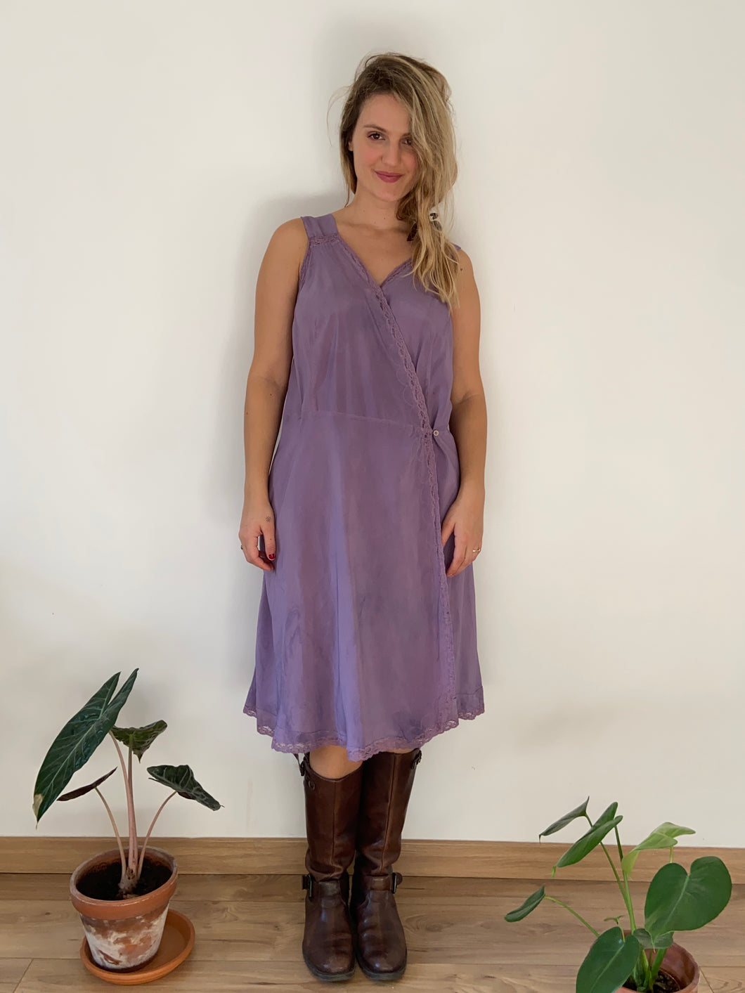 Vintage 20s silk lace purple dyed dress