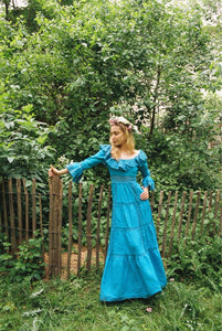 Vintage 70s blue Mexican dress pintuck lace